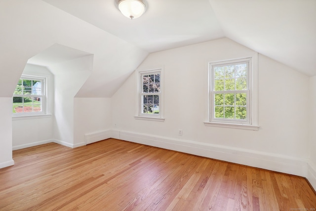 additional living space featuring a wealth of natural light, vaulted ceiling, and light wood-type flooring