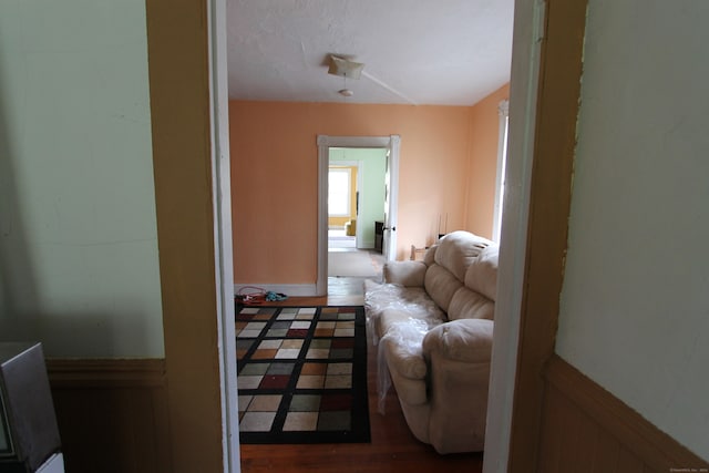 living room featuring a textured ceiling and wood-type flooring