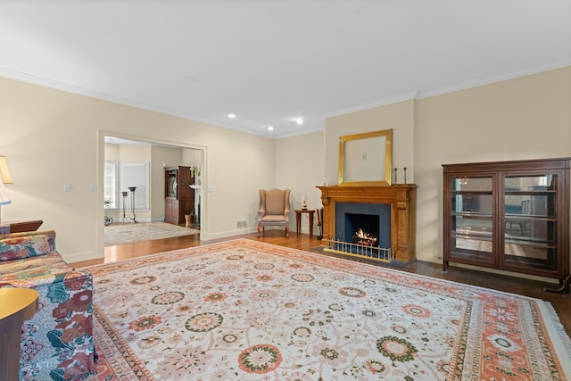 living room with ornamental molding and dark hardwood / wood-style floors