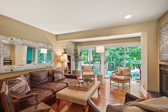 living area featuring a glass covered fireplace and light wood-style flooring