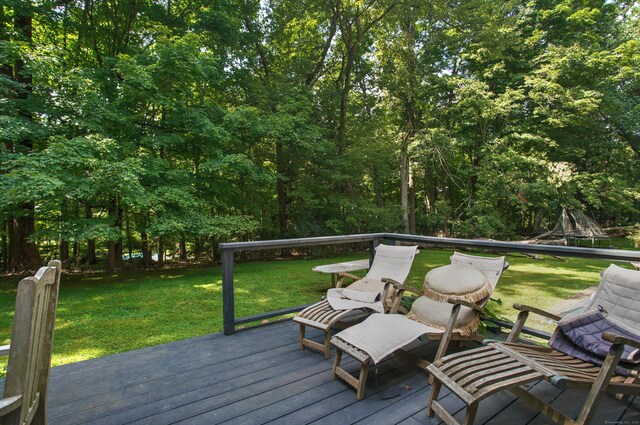 wooden terrace with a lawn