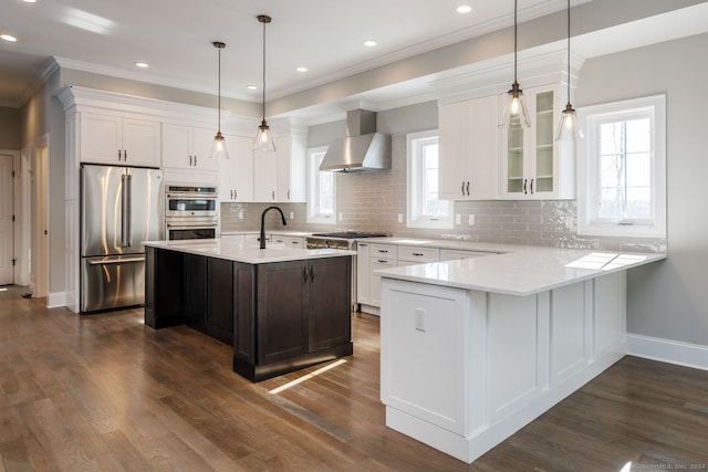 kitchen featuring white cabinetry, backsplash, dark hardwood / wood-style floors, wall chimney exhaust hood, and appliances with stainless steel finishes