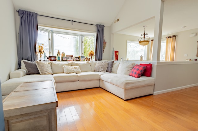 living room featuring lofted ceiling and hardwood / wood-style flooring