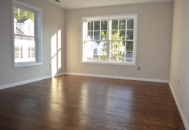 spare room featuring a wealth of natural light and dark hardwood / wood-style floors