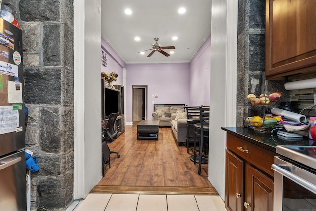 5 Hundley Ct Apt 1C, Stamford, CT 06902 - office area featuring crown molding, ceiling fan, light tile patterned floors, and recessed lighting