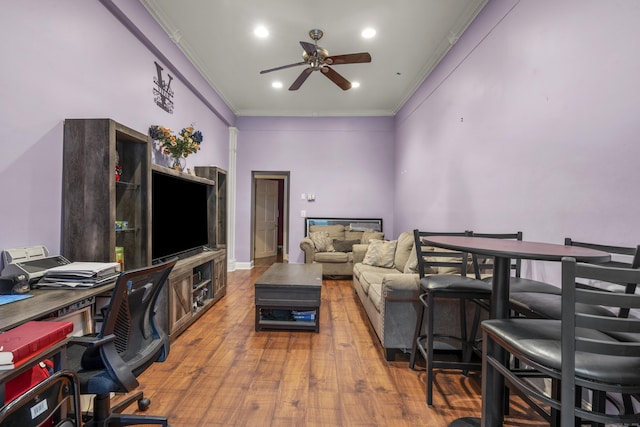 5 Hundley Ct Apt 1C, Stamford, CT 06902 - living area with ornamental molding, a ceiling fan, wood finished floors, and recessed lighting
