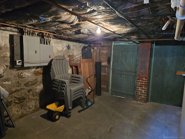 unfinished basement featuring electric panel