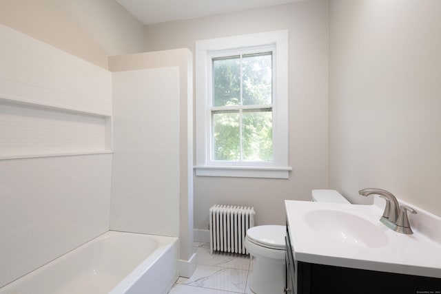 full bathroom with shower / bath combination, radiator, toilet, marble finish floor, and vanity