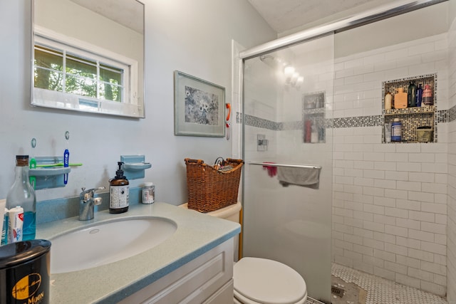 bathroom with vanity, a shower with shower door, and toilet