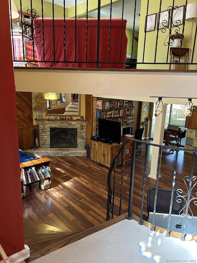 110 William St, Norwalk, CT 06851 - living area featuring a stone fireplace and wood finished floors