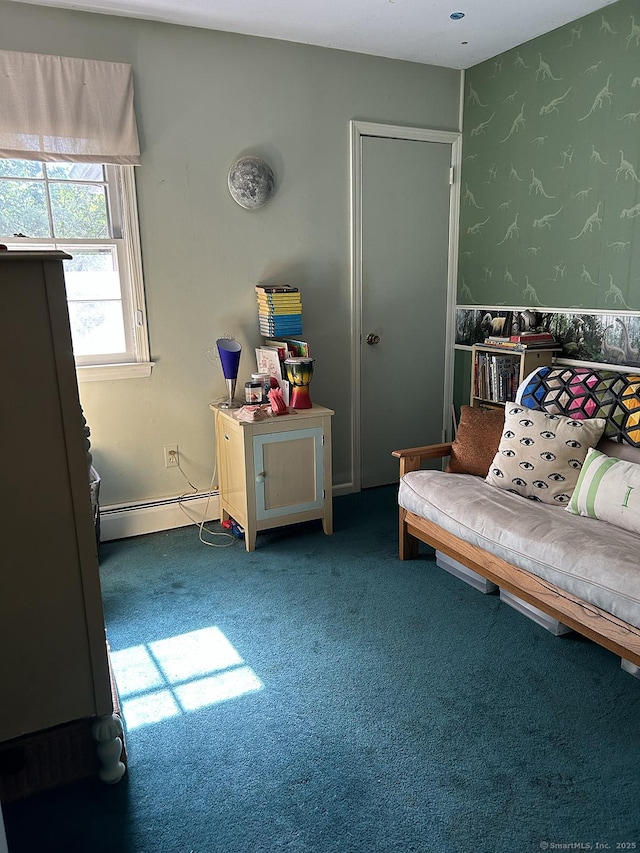 110 William St, Norwalk, CT 06851 - living area with baseboard heating, carpet floors, and wallpapered walls