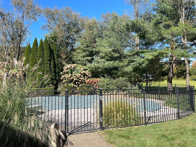 view of swimming pool featuring a lawn