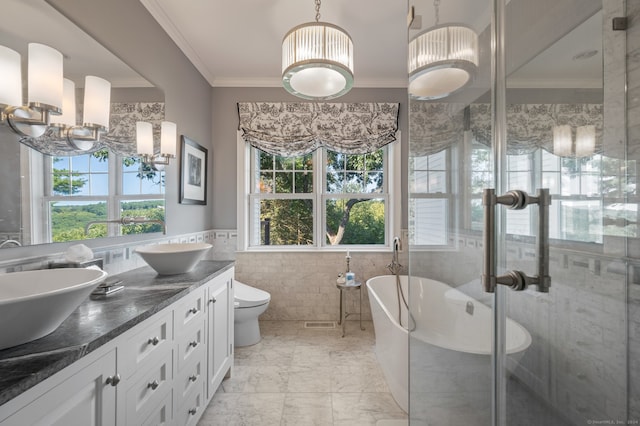 full bathroom featuring tile walls, vanity, toilet, and plenty of natural light