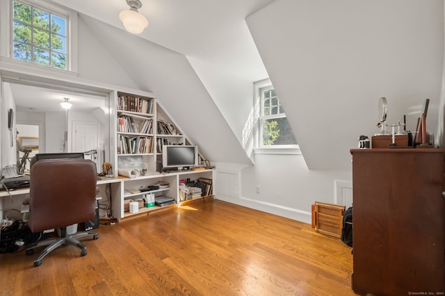 office space featuring hardwood / wood-style flooring, lofted ceiling, and a wealth of natural light