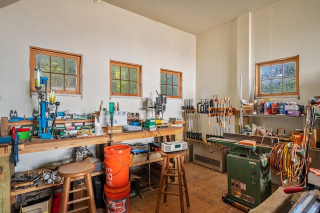 home office with hardwood / wood-style flooring and a workshop area