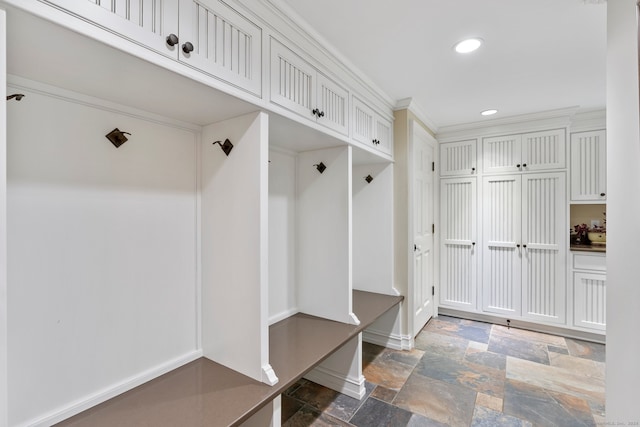 mudroom featuring ornamental molding