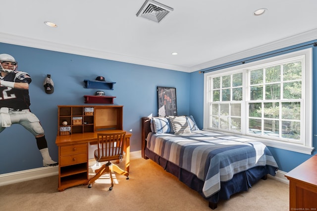 carpeted bedroom with crown molding and multiple windows