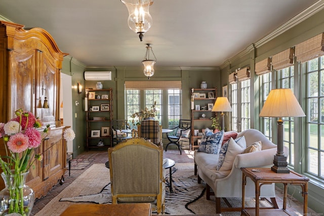 44 S St, Roxbury, CT 06783 - living area featuring crown molding, a wall unit AC, and a wealth of natural light