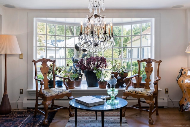 44 S St, Roxbury, CT 06783 - dining area with an inviting chandelier, a baseboard radiator, and wood finished floors