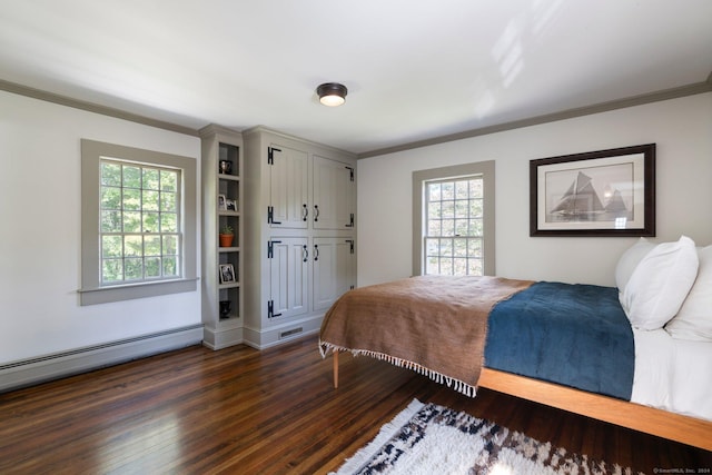 44 S St, Roxbury, CT 06783 - bedroom with visible vents, dark wood-style floors, ornamental molding, and a baseboard radiator