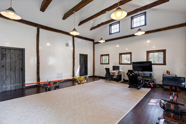 44 S St, Roxbury, CT 06783 - home office featuring high vaulted ceiling, beamed ceiling, and a wealth of natural light