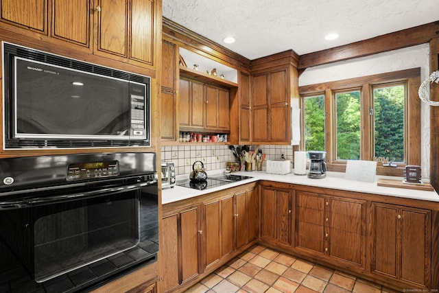 148 Flanders Rd, Woodbury, CT 06798 - kitchen featuring black appliances, tasteful backsplash, open shelves, brown cabinetry, and a textured ceiling
