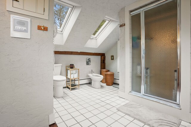 bathroom with a textured wall, toilet, lofted ceiling with skylight, a stall shower, and a bidet