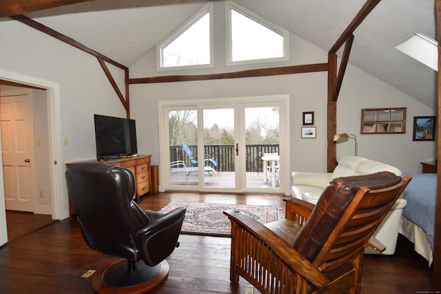 living area with french doors, dark wood-type flooring, and high vaulted ceiling