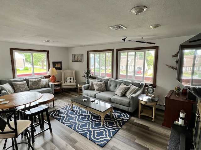 living room with a textured ceiling and hardwood / wood-style floors