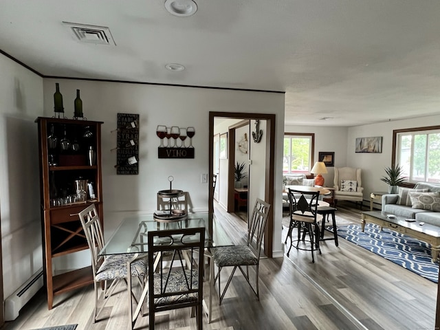 dining area featuring a baseboard radiator, plenty of natural light, and hardwood / wood-style floors