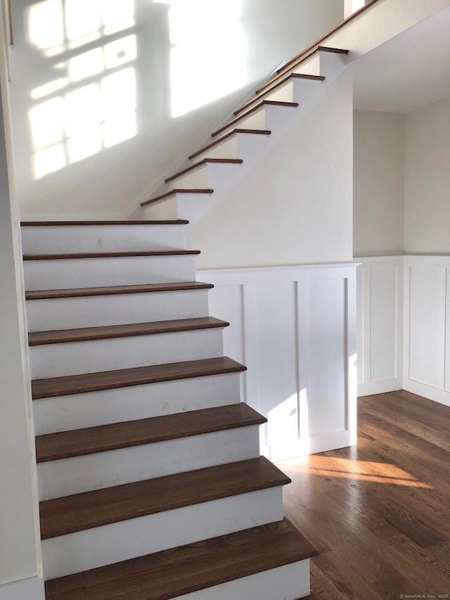 stairway with hardwood / wood-style floors