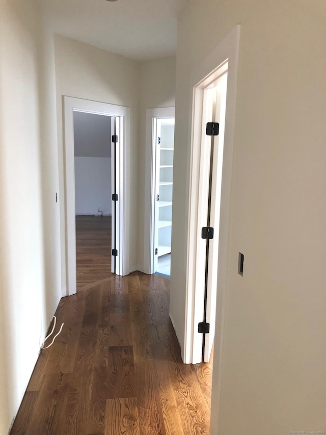 hallway with dark wood-type flooring