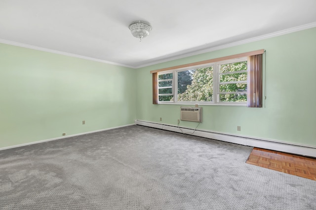 spare room featuring carpet floors, ornamental molding, a wall mounted AC, and a baseboard radiator