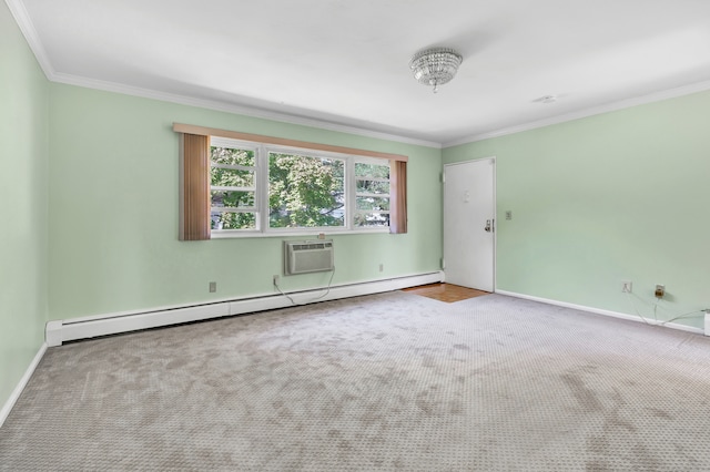 carpeted spare room featuring baseboard heating, crown molding, and a wall mounted AC