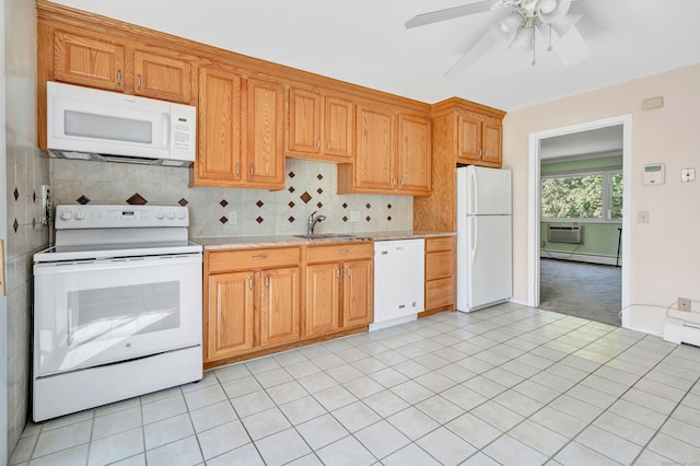 kitchen featuring ceiling fan, tasteful backsplash, white appliances, sink, and light tile patterned floors