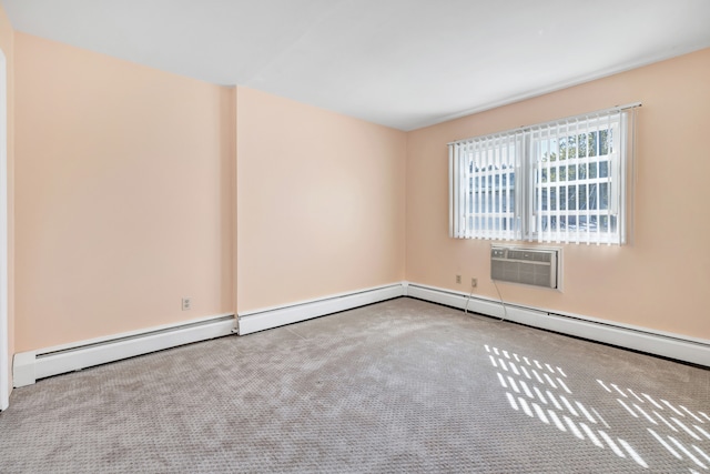 unfurnished room with a wall mounted air conditioner, a baseboard radiator, and light carpet