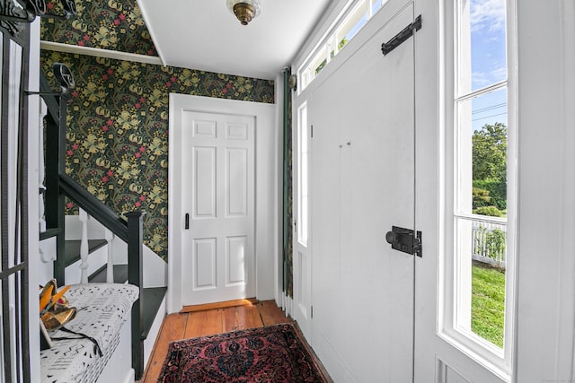 foyer featuring light wood-type flooring and a wealth of natural light