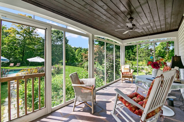 sunroom / solarium featuring ceiling fan and wood ceiling