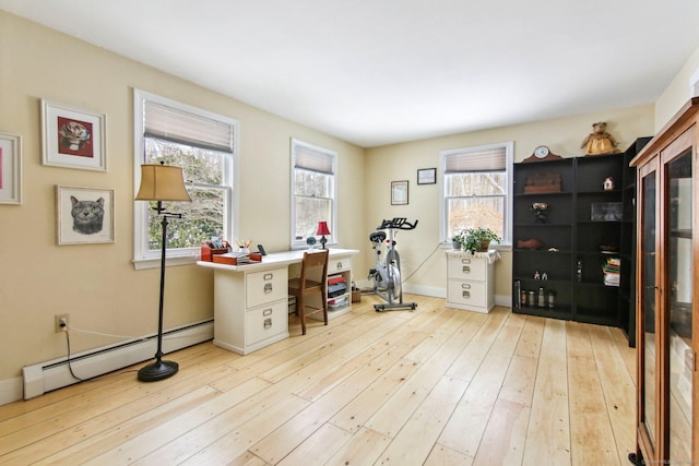 office space featuring baseboard heating and light hardwood / wood-style flooring