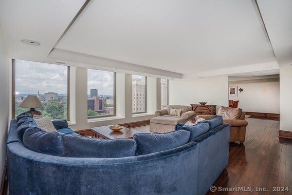 living room with dark hardwood / wood-style floors