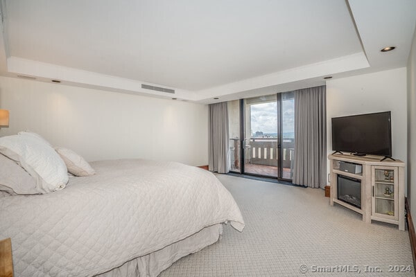 carpeted bedroom featuring a raised ceiling and access to exterior