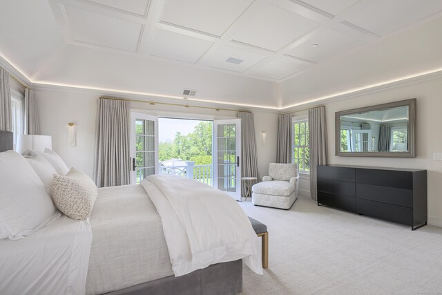 865 Hollow Tree Ridge Rd, Darien, CT 06820 - bedroom featuring access to exterior, light colored carpet, coffered ceiling, and multiple windows