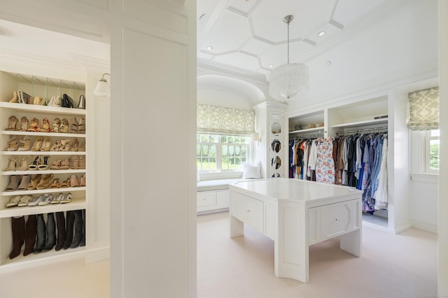 865 Hollow Tree Ridge Rd, Darien, CT 06820 - spacious closet featuring a chandelier, coffered ceiling, and light carpet