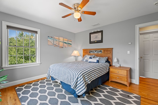 bedroom with ceiling fan and wood-type flooring