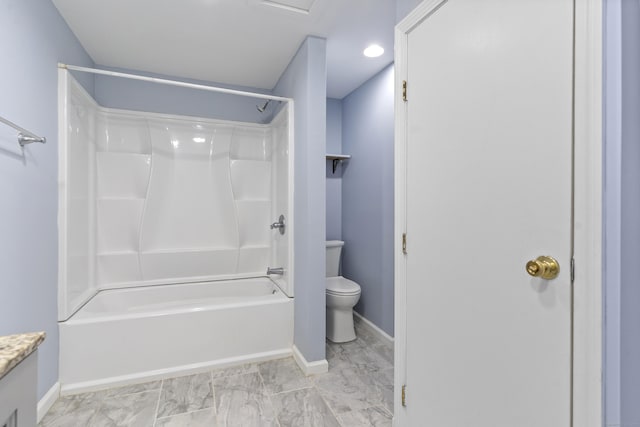85 Aetna St Apt 12, Naugatuck, CT 06770 - bathroom featuring toilet, washtub / shower combination, baseboards, vanity, and marble finish floors