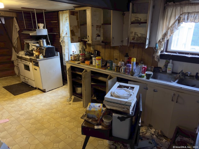 kitchen featuring wood walls and sink