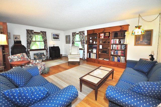 living room with wood-type flooring and a textured ceiling