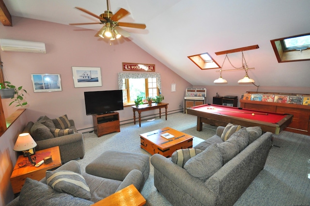 living room featuring ceiling fan, billiards, an AC wall unit, a baseboard heating unit, and light carpet