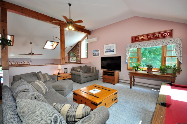 living room featuring lofted ceiling, an AC wall unit, carpet flooring, ceiling fan, and baseboard heating