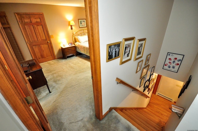 hall featuring carpet flooring and a baseboard radiator